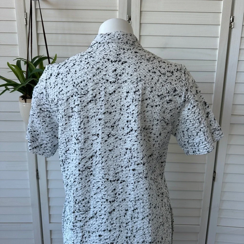 COS Crinkled Zip Front‎ Dress White Black Speckled Short Sleeve Collared Size 6